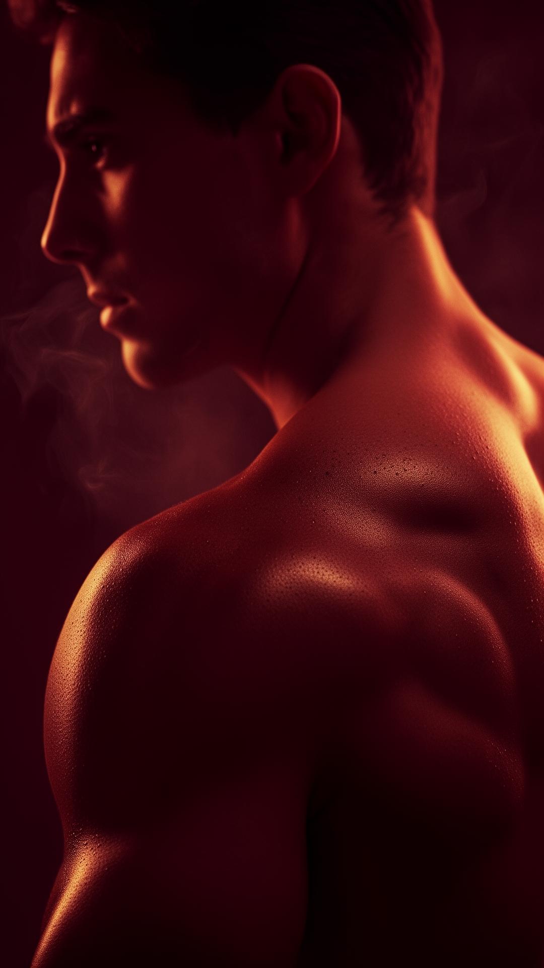 Athlete recovering under deep burgundy red-light therapy